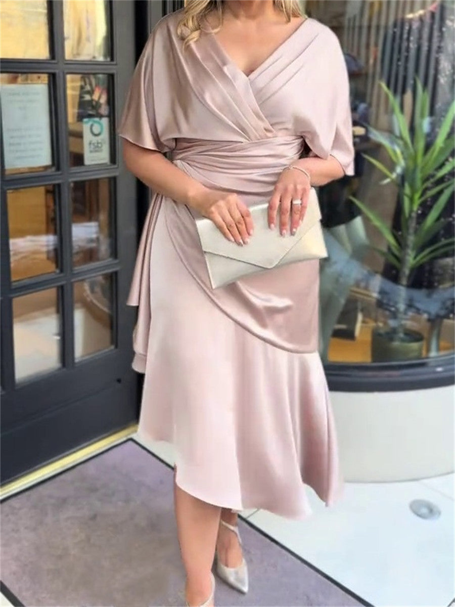 Sheath/Column V-neck 1/2 Sleeves Pleated Tea-Length Silk Like Satin Mother of the Bride Dresses