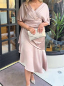 Sheath/Column V-neck 1/2 Sleeves Pleated Tea-Length Silk Like Satin Mother of the Bride Dresses