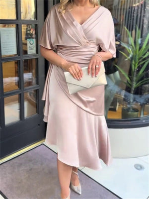 Sheath/Column V-neck 1/2 Sleeves Pleated Tea-Length Silk Like Satin Mother of the Bride Dresses