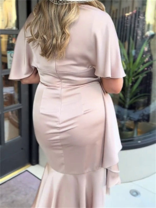 Sheath/Column V-neck 1/2 Sleeves Pleated Tea-Length Silk Like Satin Mother of the Bride Dresses