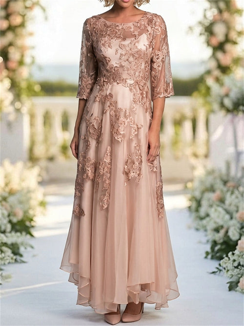 A-line/Princess Scoop 3/4 Sleeves Appliques Lace Ankle-Length Chiffon Mother of the Bride Dresses