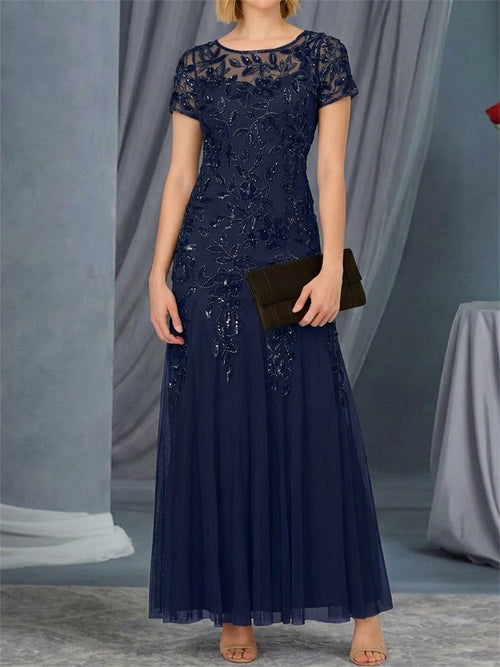 Sheath/Column Bateau Short Sleeves Appliques Lace Ankle-Length Tulle Mother of the Bride Dresses