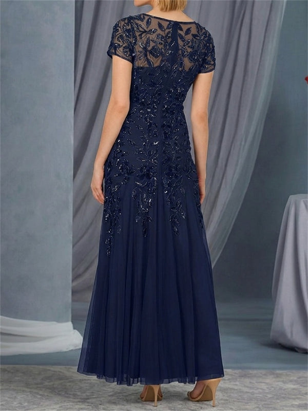 Sheath/Column Bateau Short Sleeves Appliques Lace Ankle-Length Tulle Mother of the Bride Dresses