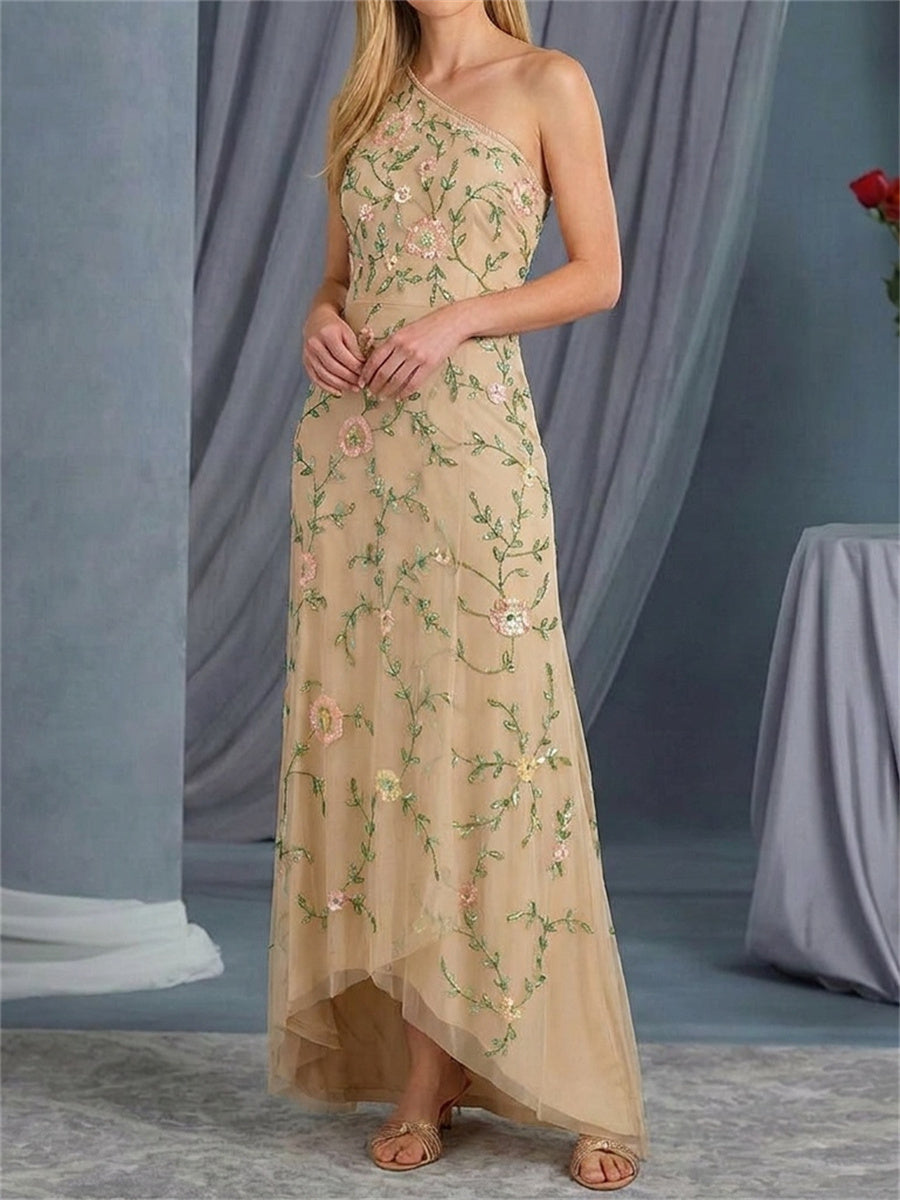 A-line/Princess One-Shoulder Embroidery Asymmetrical Mother of the Bride Dresses