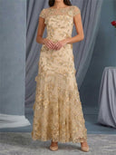 Sheath/Column Bateau Short Sleeves Hand-Made Flower Floor-Length Mother of the Bride Dresses