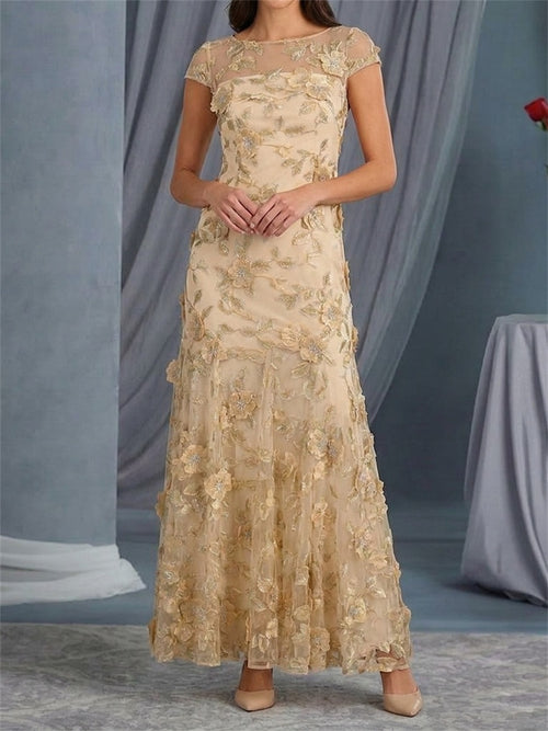 Sheath/Column Bateau Short Sleeves Hand-Made Flower Floor-Length Mother of the Bride Dresses