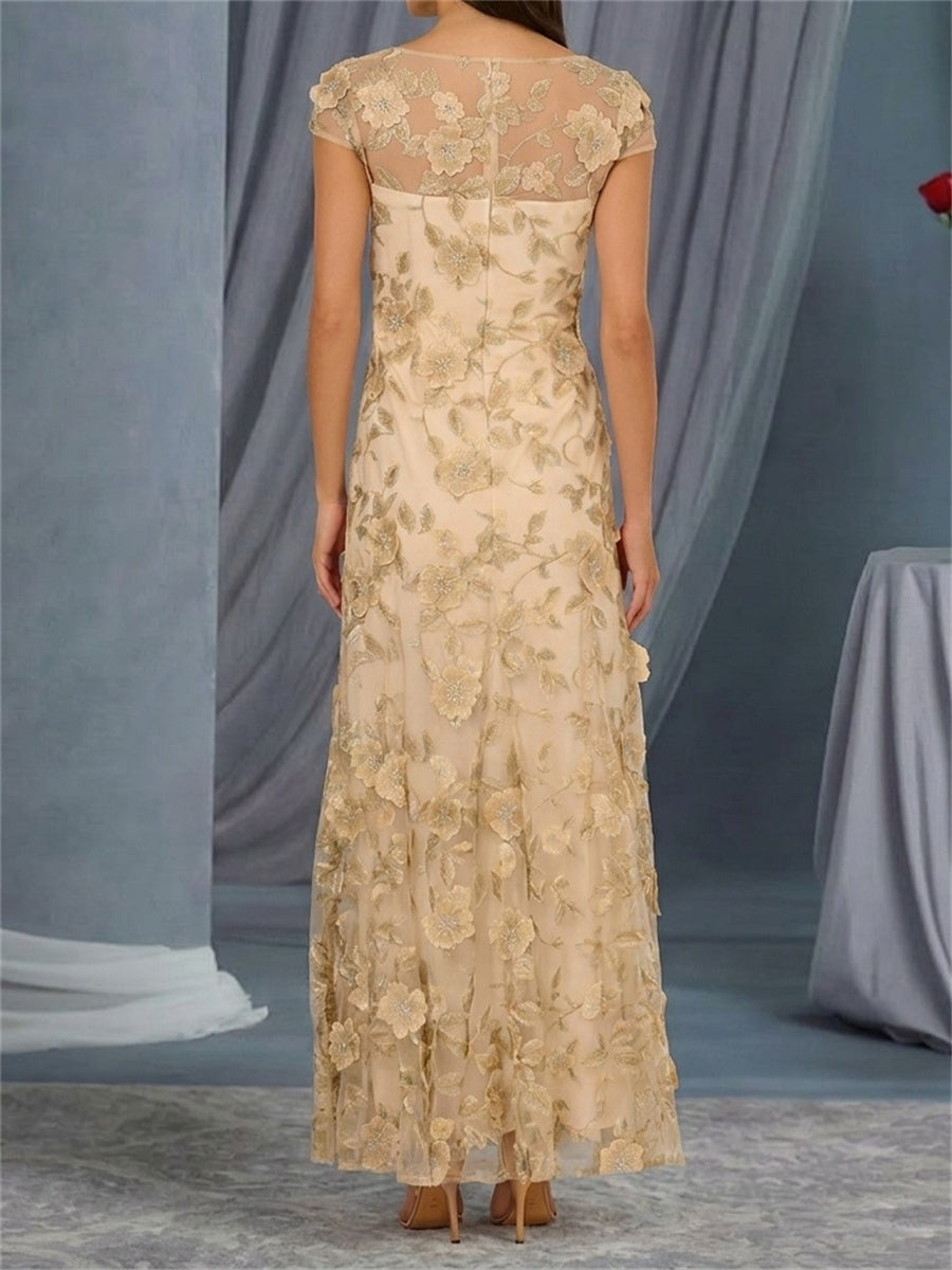 Sheath/Column Bateau Short Sleeves Hand-Made Flower Floor-Length Mother of the Bride Dresses