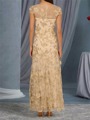 Sheath/Column Bateau Short Sleeves Hand-Made Flower Floor-Length Mother of the Bride Dresses