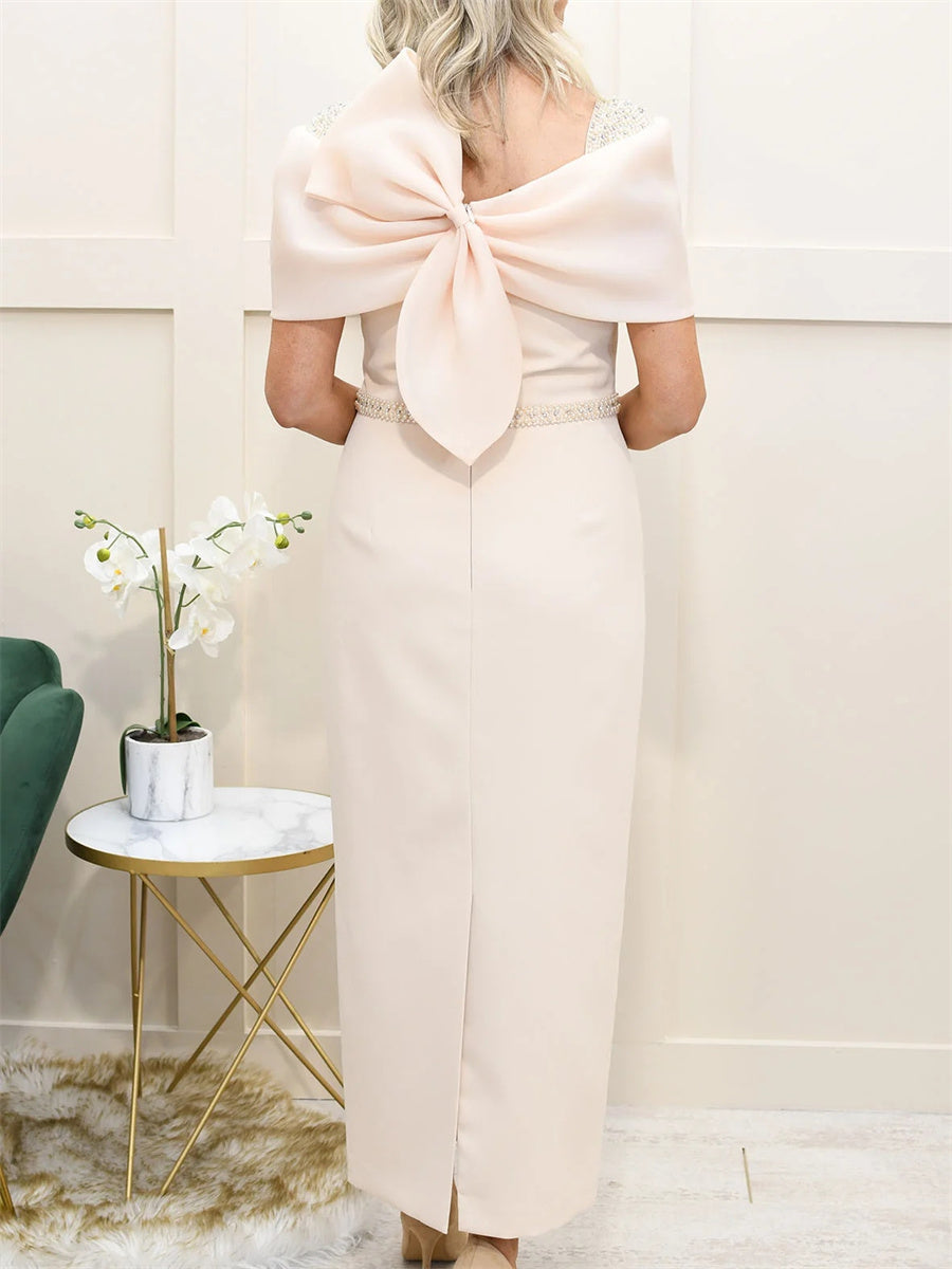 Sheath/Column Scoop Short Sleeves Bow Ankle-Length Organza Mother of the Bride Dresses