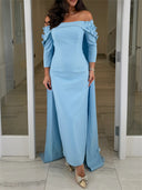 Sheath/Column Off-the-Shoulder 3/4 Sleeves Hand-Made Flower Ankle-Length Stretch Crepe Mother of the Bride Dresses