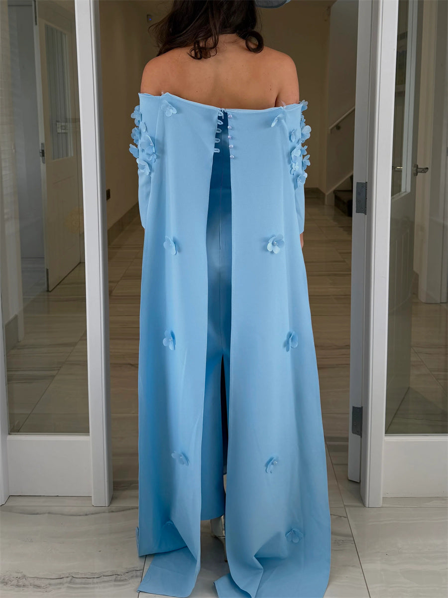 Sheath/Column Off-the-Shoulder 3/4 Sleeves Hand-Made Flower Ankle-Length Stretch Crepe Mother of the Bride Dresses