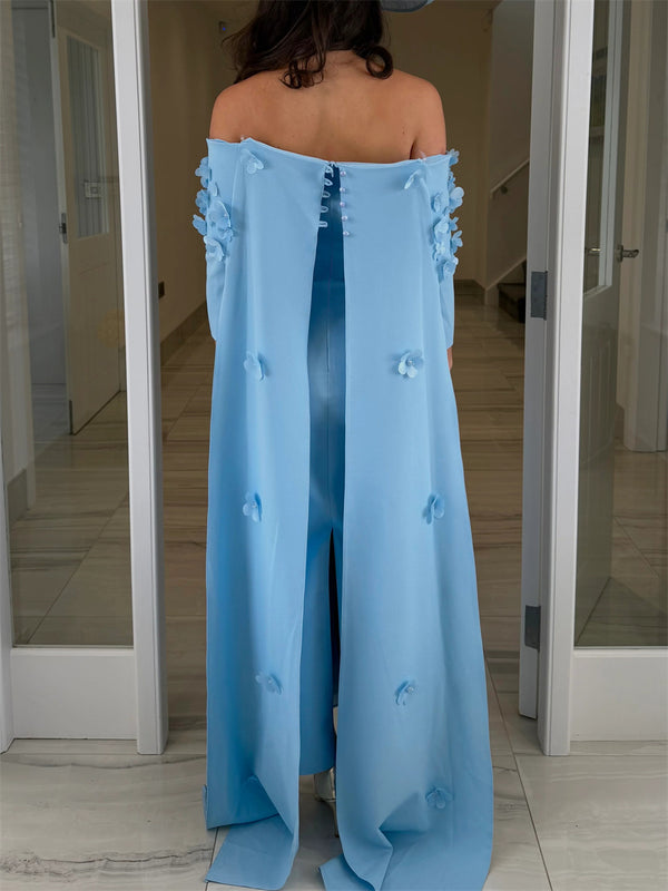 Sheath/Column Off-the-Shoulder 3/4 Sleeves Hand-Made Flower Ankle-Length Stretch Crepe Mother of the Bride Dresses