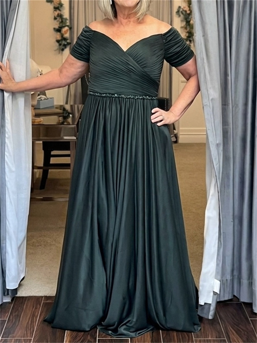 A-line/Princess Off-the-Shoulder Short Sleeves Pleated Floor-Length Silk Like Satin Mother of the Bride Dresses