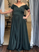A-line/Princess Off-the-Shoulder Short Sleeves Pleated Floor-Length Silk Like Satin Mother of the Bride Dresses