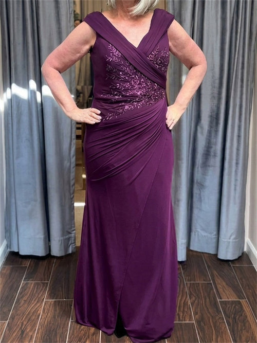 Sheath/Column V-neck Appliques Lace Floor-Length Jersey Mother of the Bride Dresses