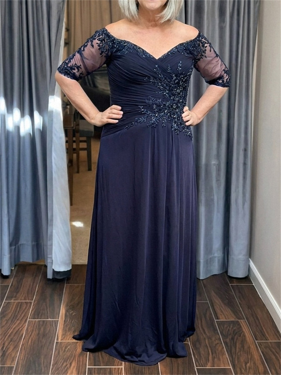 A-line/Princess Off-the-Shoulder 1/2 Sleeves Appliques Lace Floor-Length Chiffon Mother of the Bride Dresses