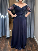 A-line/Princess Off-the-Shoulder 1/2 Sleeves Appliques Lace Floor-Length Chiffon Mother of the Bride Dresses