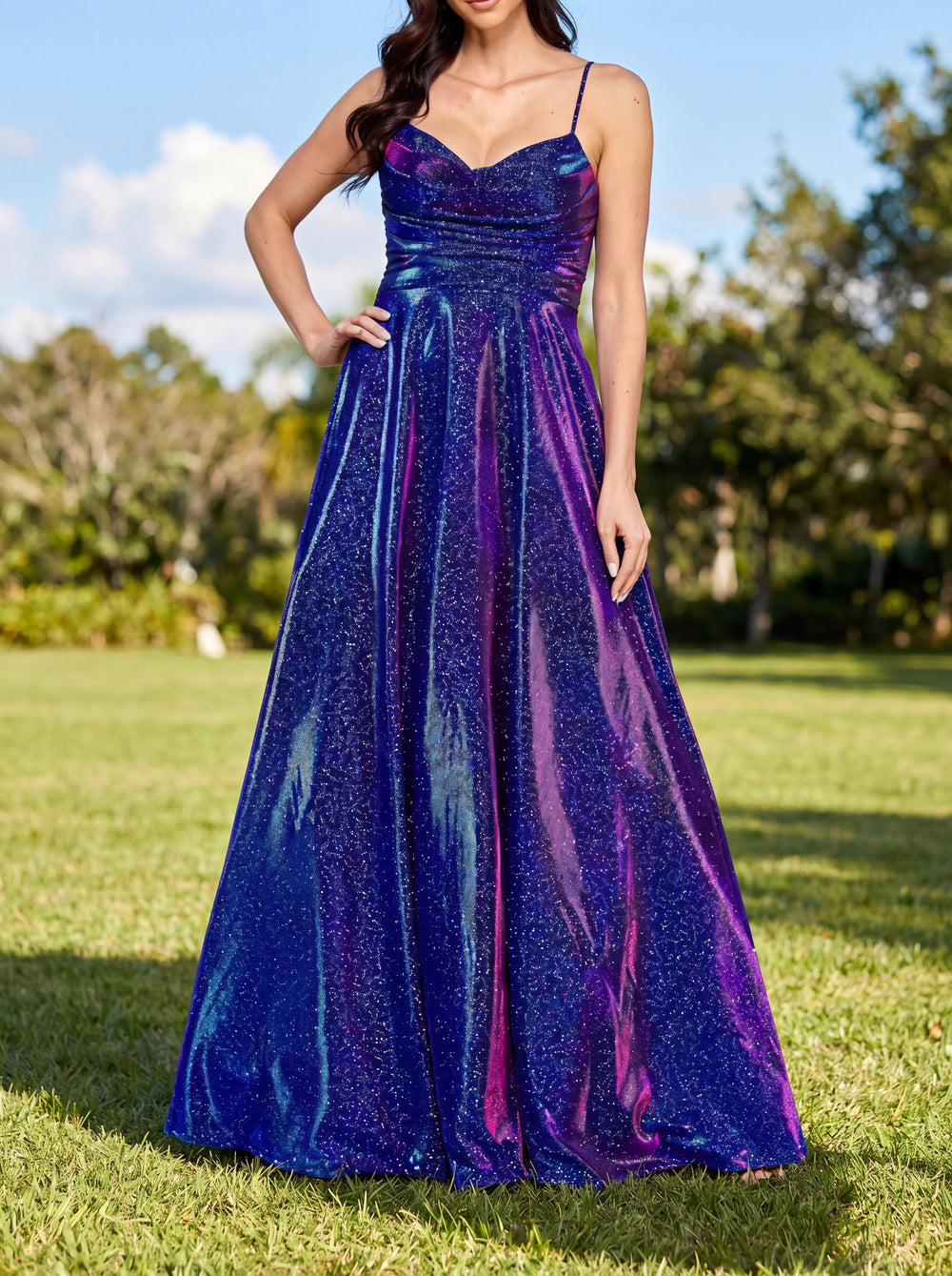 A-line/Princess Spaghetti Straps Pleated Floor-Length Prom Dresses