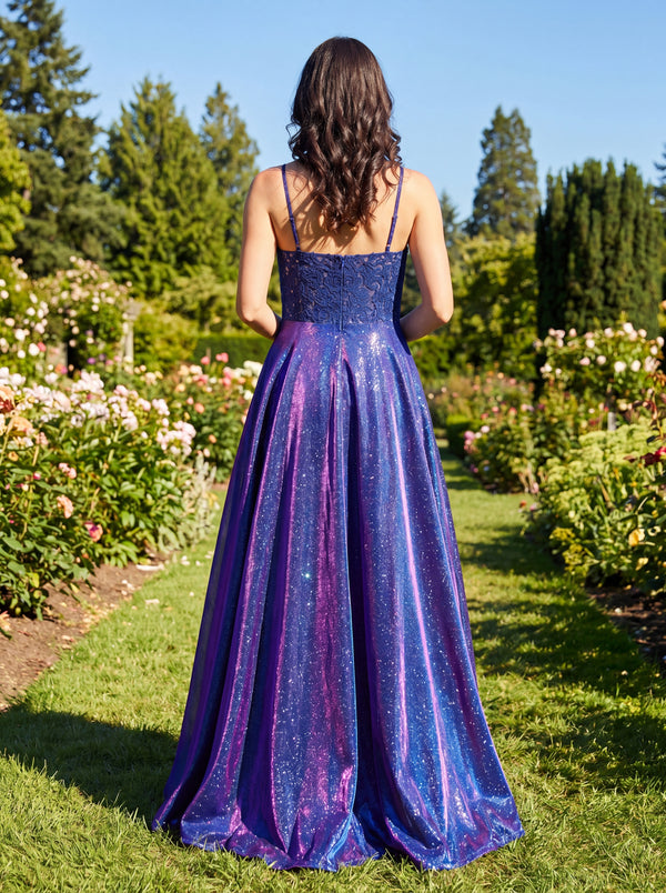 A-line/Princess Spaghetti Straps Pleated Floor-Length Prom Dresses
