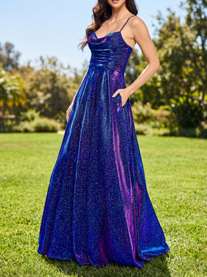 A-line/Princess Spaghetti Straps Pleated Floor-Length Prom Dresses