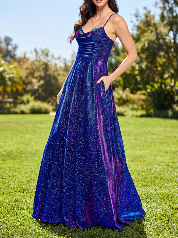 A-line/Princess Spaghetti Straps Pleated Floor-Length Prom Dresses