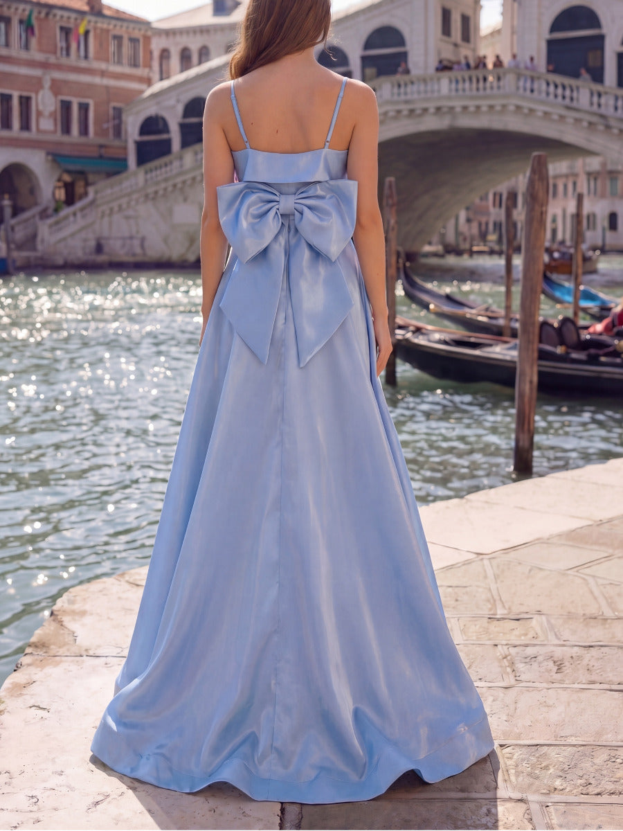 A-line/Princess Spaghetti Straps Bow Floor-Length Prom Dresses
