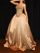 A-line/Princess Halter Beading Sweep Train Satin Prom Dresses
