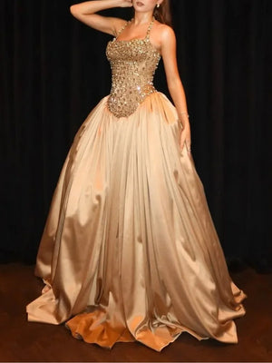 A-line/Princess Halter Beading Sweep Train Satin Prom Dresses