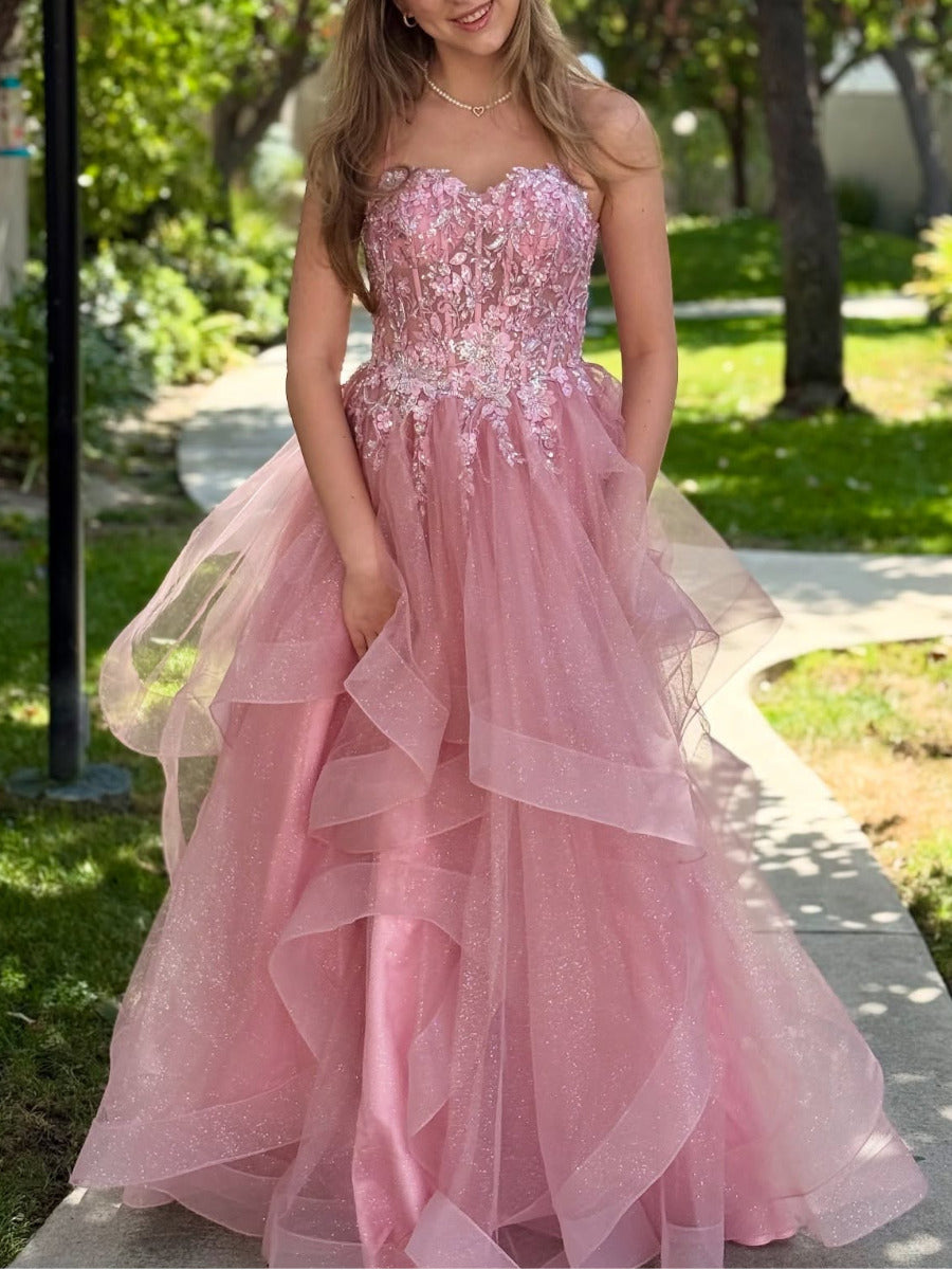 A-line/Princess Spaghetti Straps Appliques Lace Floor-Length Organza Prom Dresses
