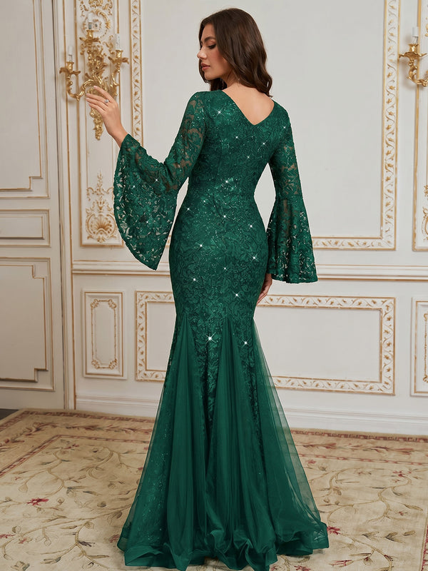 Trumpet/Mermaid V-neck Long Sleeves Lace Floor-Length Lace Prom Dresses