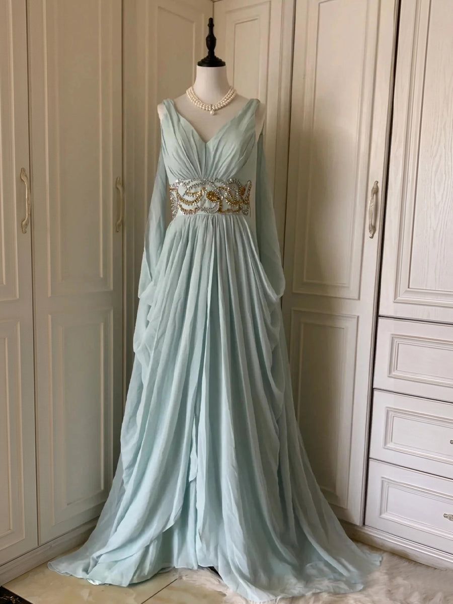 A-line/Princess V-neck Beading Floor-Length Chiffon Prom Dresses