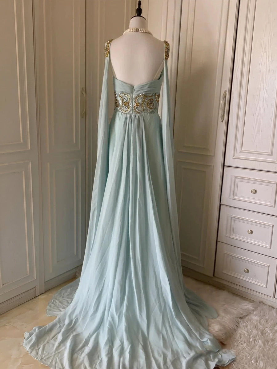 A-line/Princess V-neck Beading Floor-Length Chiffon Prom Dresses
