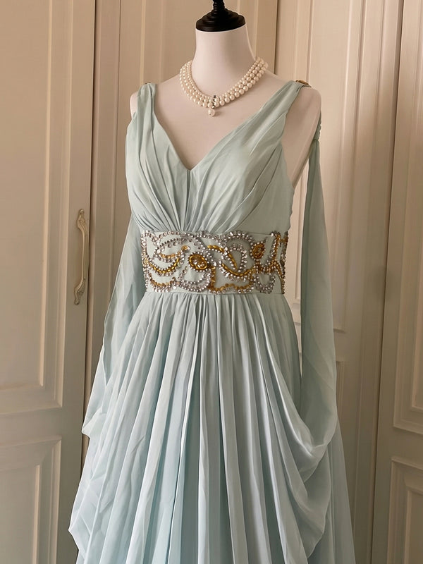 A-line/Princess V-neck Beading Floor-Length Chiffon Prom Dresses