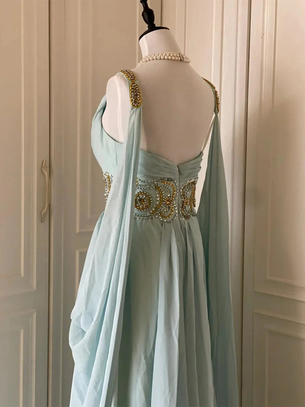 A-line/Princess V-neck Beading Floor-Length Chiffon Prom Dresses