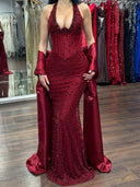 Sheath/Column Halter Rhinestone Floor-Length Prom Dresses