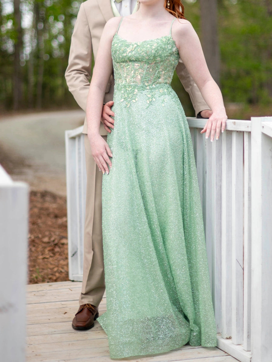 A-line/Princess Spaghetti Straps Appliques Lace Floor-Length Tulle Prom Dresses
