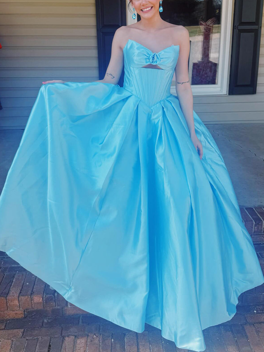 Ball-Gown Sweetheart Hand-Made Flower Floor-Length Satin Prom Dresses