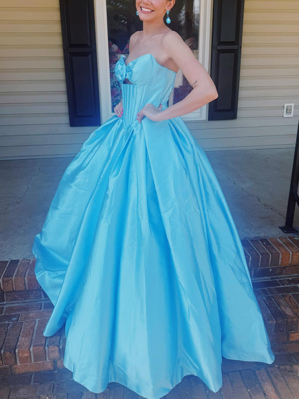 Ball-Gown Sweetheart Hand-Made Flower Floor-Length Satin Prom Dresses