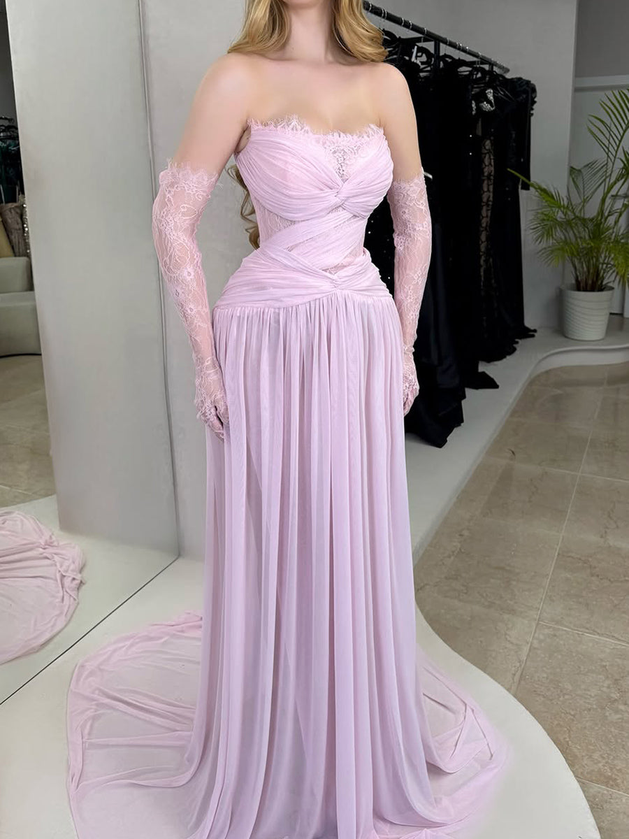 A-line/Princess Straight Lace Sweep Train Chiffon Prom Dresses