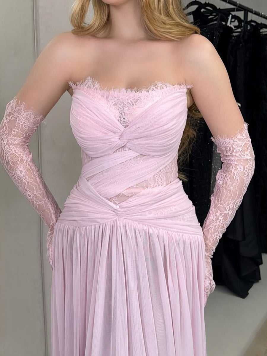 A-line/Princess Straight Lace Sweep Train Chiffon Prom Dresses