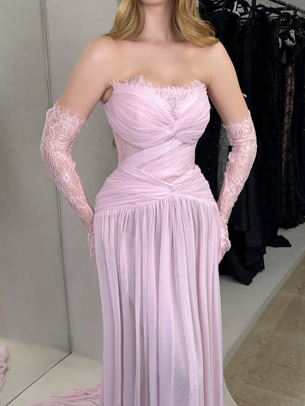 A-line/Princess Straight Lace Sweep Train Chiffon Prom Dresses