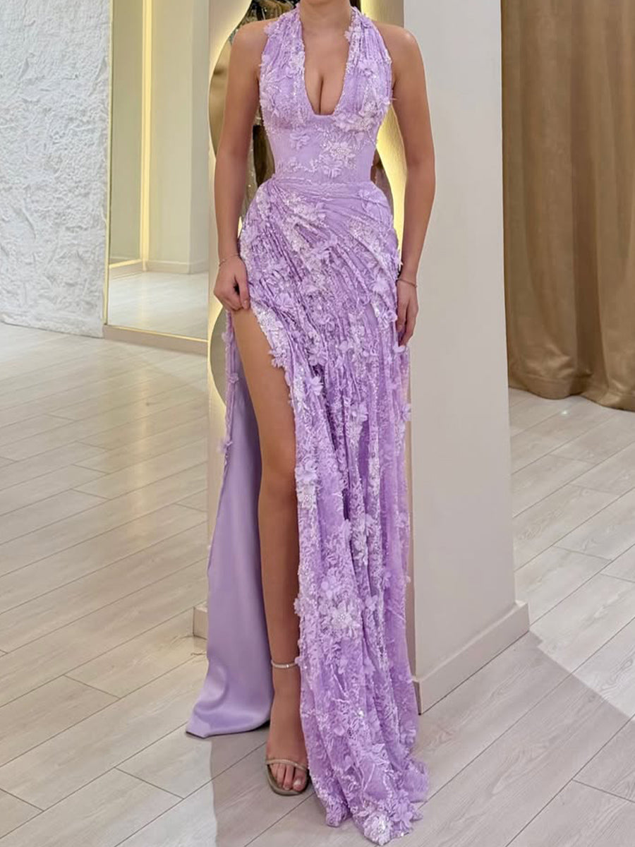 Sheath/Column V-neck Pleated Sweep Train Lace Prom Dresses