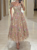 A-line/Princess Off-the-Shoulder Appliques Lace Ankle-Length Prom Dresses