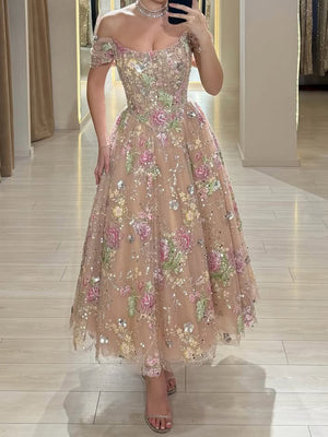 A-line/Princess Off-the-Shoulder Appliques Lace Ankle-Length Prom Dresses