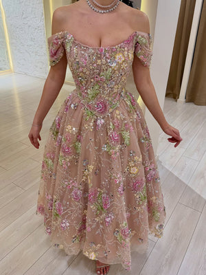 A-line/Princess Off-the-Shoulder Appliques Lace Ankle-Length Prom Dresses