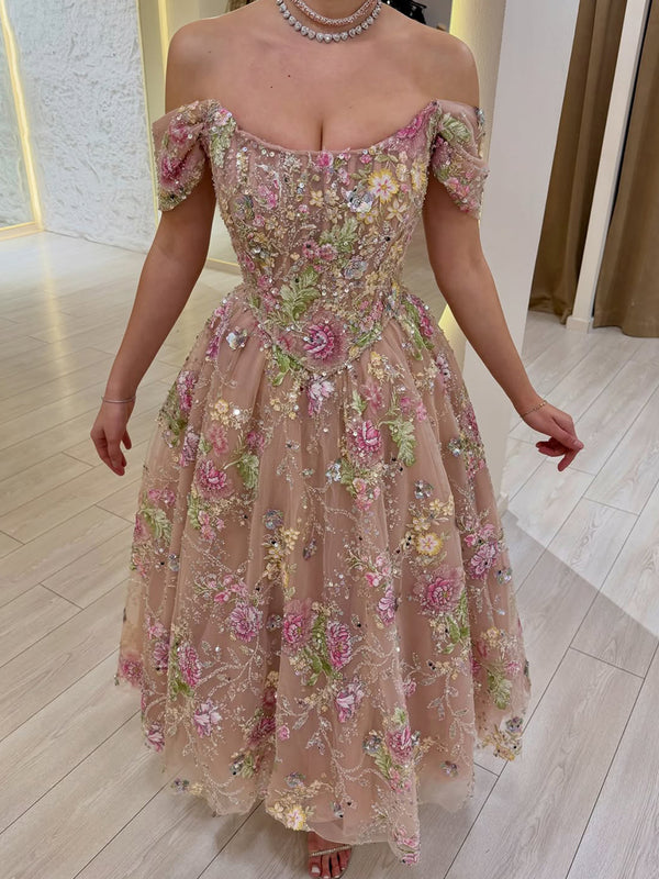 A-line/Princess Off-the-Shoulder Appliques Lace Ankle-Length Prom Dresses