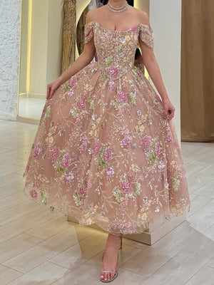 A-line/Princess Off-the-Shoulder Appliques Lace Ankle-Length Prom Dresses