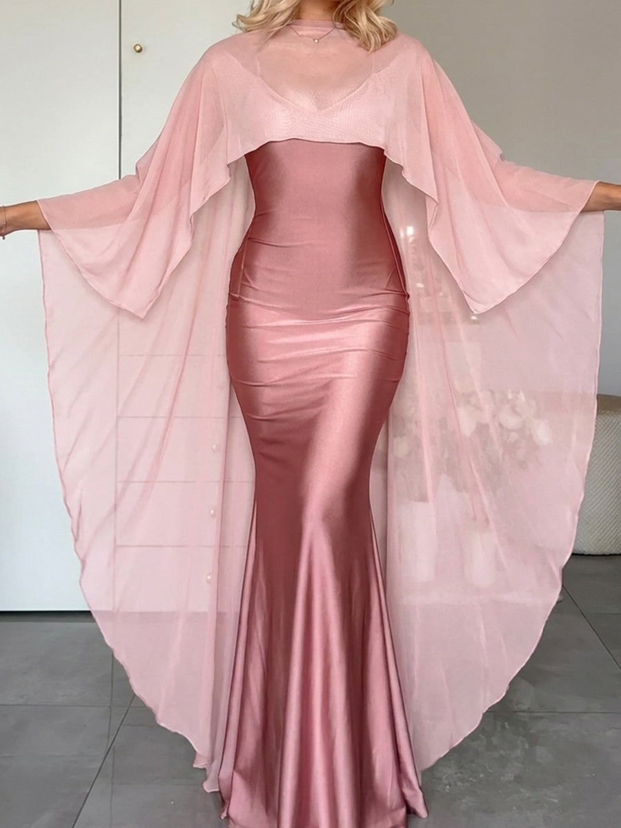 Sheath/Column V-neck Ruffles Floor-Length Silk Like Satin Prom Dresses