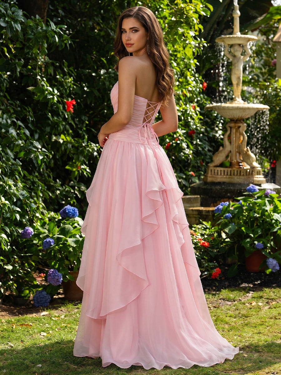 A-line/Princess Straight Ruffles Sweep Train Chiffon Prom Dresses