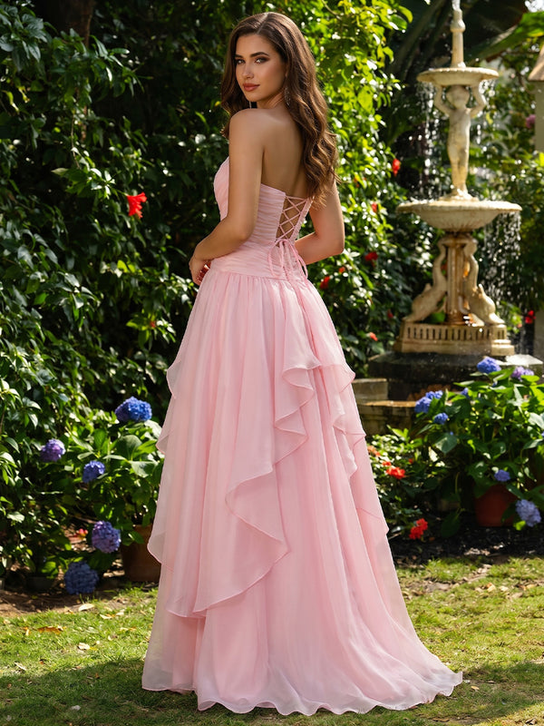 A-line/Princess Straight Ruffles Sweep Train Chiffon Prom Dresses